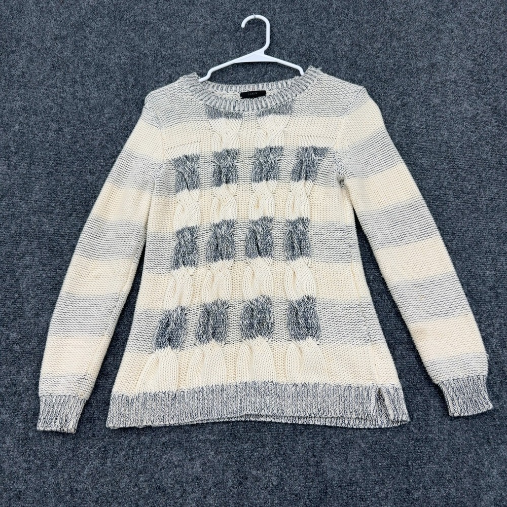 J Crew Sweater Womens XS Ivory Cotton Striped Cable Knit Crewneck Casual Preppy
